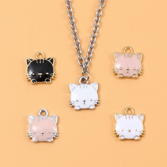 Picture of Zinc Based Alloy Charms Cat Animal White Enamel 15mm x 13mm, 10 PCs