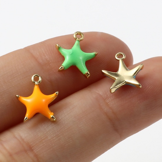 Picture of Brass Ocean Jewelry Charms Gold Plated Multicolor Star Fish Enamel 10mm x 9mm, 2 PCs                                                                                                                                                                          