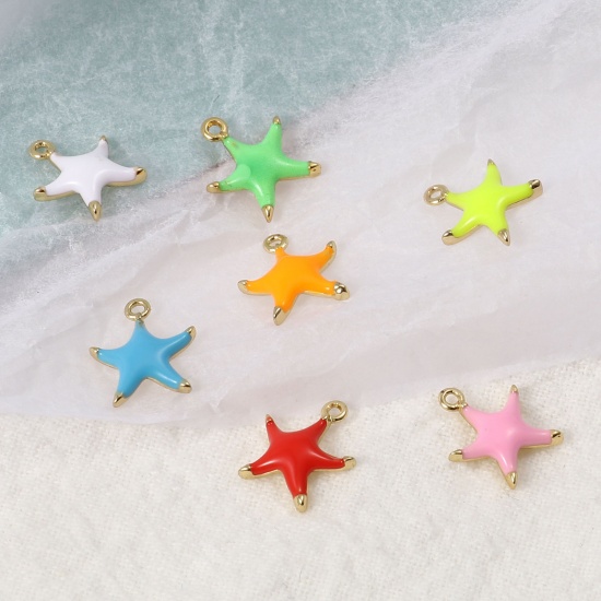 Picture of Brass Ocean Jewelry Charms Gold Plated Multicolor Star Fish Enamel 10mm x 9mm, 2 PCs                                                                                                                                                                          