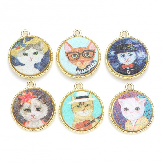 Picture of Zinc Based Alloy & Acrylic Charms Round Gold Plated Multicolor Cat 24mm x 21mm, 5 PCs
