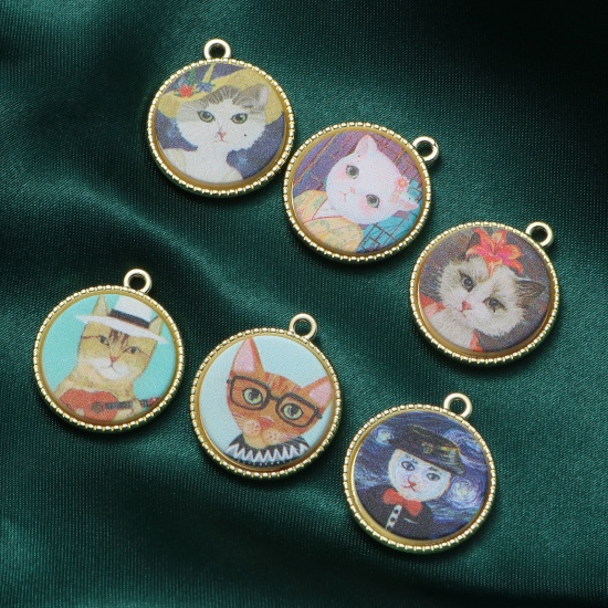 Picture of Zinc Based Alloy & Acrylic Charms Round Gold Plated Multicolor Cat 24mm x 21mm, 5 PCs