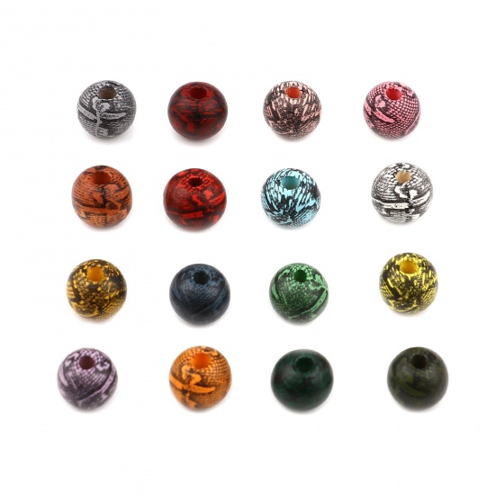 Picture of Wood Spacer Beads Round Multicolor Streak About 10mm Dia., Hole: Approx 3.1mm, 20 PCs