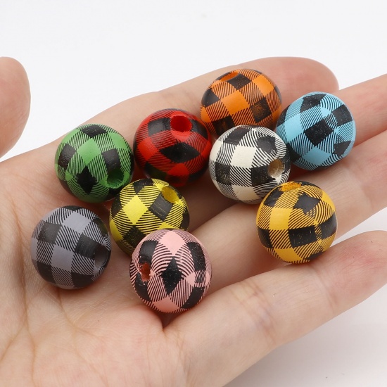 Picture of Wood Spacer Beads Round Multicolor Grid Checker About 15mm Dia., Hole: Approx 4.3mm, 20 PCs