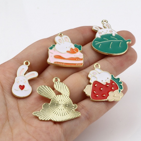 Picture of Zinc Based Alloy Charms Rabbit Animal Gold Plated Multicolor Enamel 10 PCs