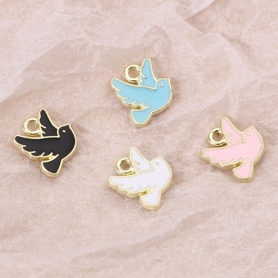 Picture of Zinc Based Alloy Religious Charms Pigeon Animal Gold Plated White Enamel 10mm x 10mm, 20 PCs