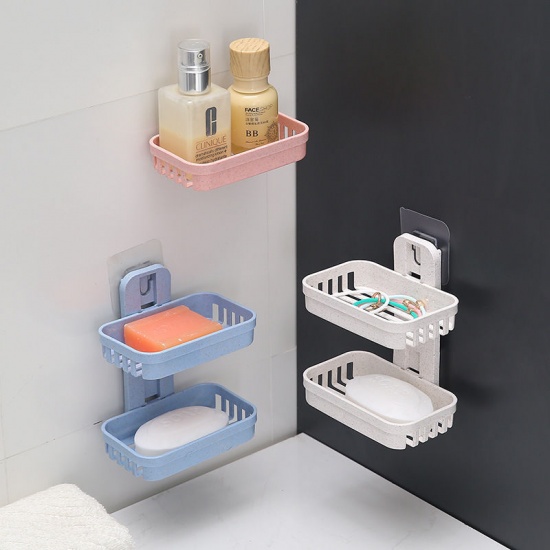 Picture of Beige - PP & Wheat Straw Wall-mounted Double-layer Draining Soap Dish Storage Box 15x13x8cm, 1 Piece