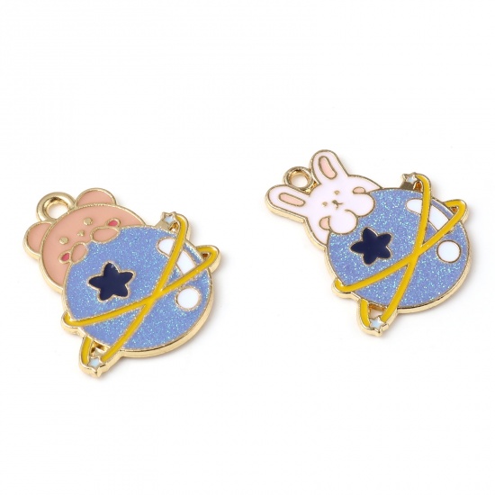 Picture of Zinc Based Alloy Galaxy Charms Planet Gold Plated White & Blue Rabbit Enamel 27mm x 23mm, 5 PCs