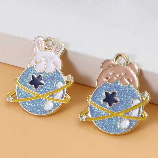 Picture of Zinc Based Alloy Galaxy Charms Planet Gold Plated White & Blue Rabbit Enamel 27mm x 23mm, 5 PCs