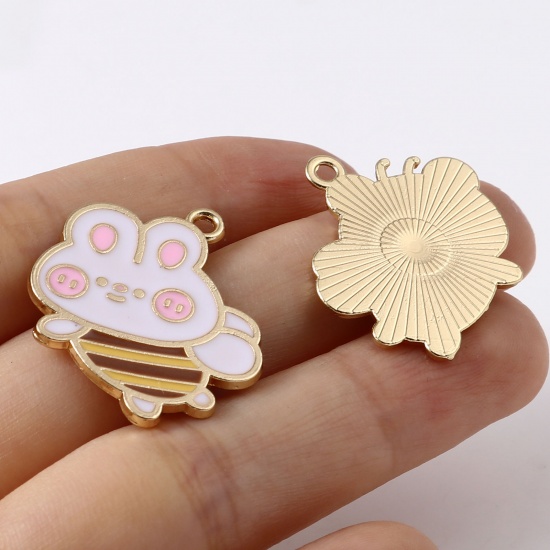 Picture of Zinc Based Alloy Insect Charms Bee Animal Gold Plated Brown Rabbit Enamel 26mm x 22mm, 10 PCs