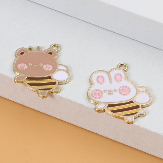 Picture of Zinc Based Alloy Insect Charms Bee Animal Gold Plated Brown Rabbit Enamel 26mm x 22mm, 10 PCs