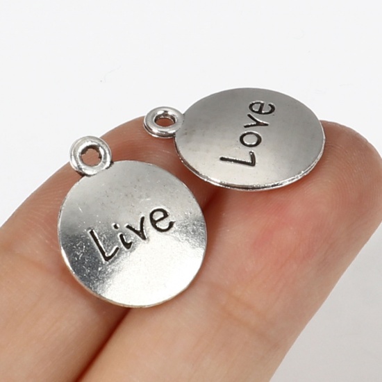 Picture of Zinc Based Alloy Positive Quotes Energy Charms Round Antique Silver Color English Vocabulary 17mm x 14mm, 50 PCs