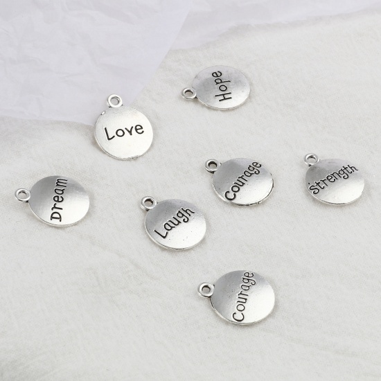 Picture of Zinc Based Alloy Positive Quotes Energy Charms Round Antique Silver Color English Vocabulary 17mm x 14mm, 50 PCs