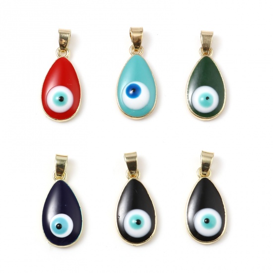 Picture of Zinc Based Alloy Religious Charms Drop Gold Plated Multicolor Evil Eye Enamel 25mm x 11mm, 2 PCs