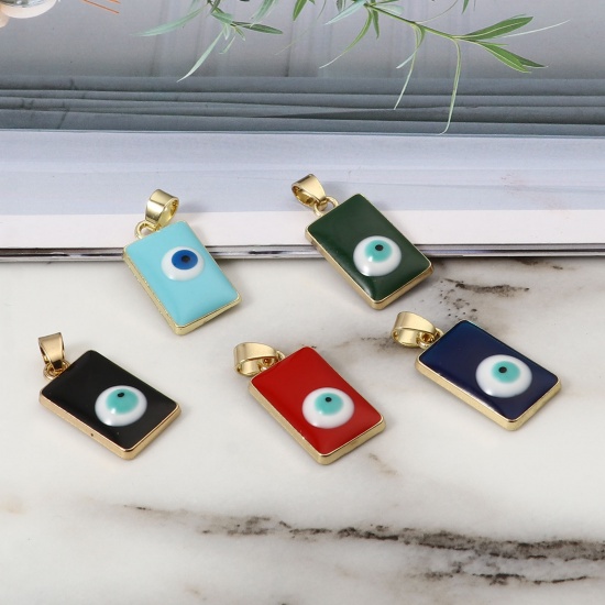 Picture of Zinc Based Alloy Religious Charms Rectangle Gold Plated Multicolor Evil Eye Enamel 26mm x 11mm, 2 PCs