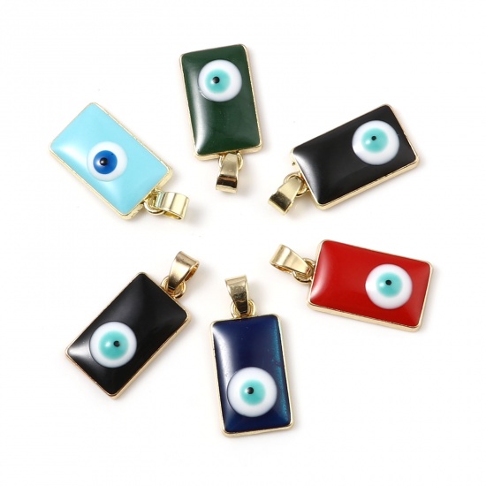Picture of Zinc Based Alloy Religious Charms Rectangle Gold Plated Multicolor Evil Eye Enamel 26mm x 11mm, 2 PCs