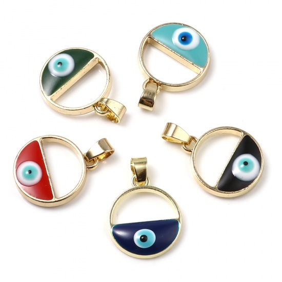 Picture of Zinc Based Alloy Religious Charms Round Gold Plated Dark Blue Evil Eye Hollow 23mm x 16mm, 2 PCs