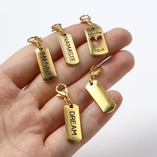 Picture of Zinc Based Alloy Positive Quotes Energy Knitting Stitch Markers Geometric Gold Plated Black English Vocabulary Enamel 35mm x 8mm, 6 PCs