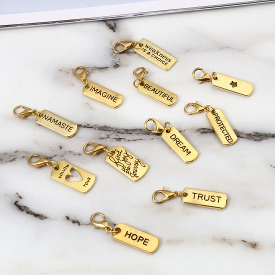 Picture of Zinc Based Alloy Positive Quotes Energy Knitting Stitch Markers Geometric Gold Plated Black English Vocabulary Enamel 35mm x 8mm, 6 PCs