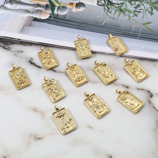 Picture of Brass Tarot Pendants Gold Plated Rectangle Clear Cubic Zirconia 30mm x 15mm, 1 Piece                                                                                                                                                                          