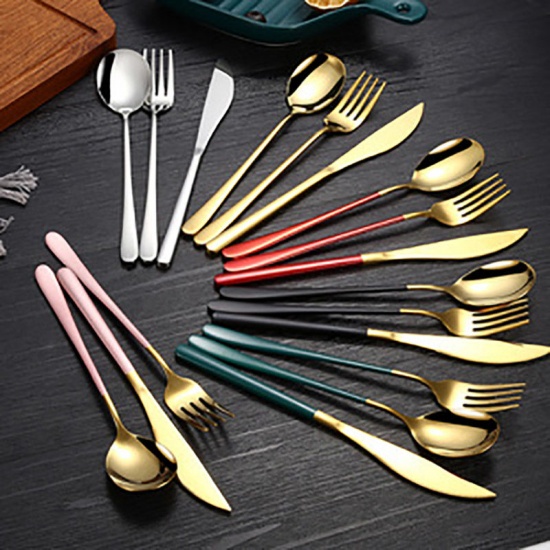 Immagine di Black - 410 Stainless Steel Knife Fork Spoon Flatware Cutlery Tableware 13.3cm - 22.5cm long, 1 Set（6 PCs/Set）