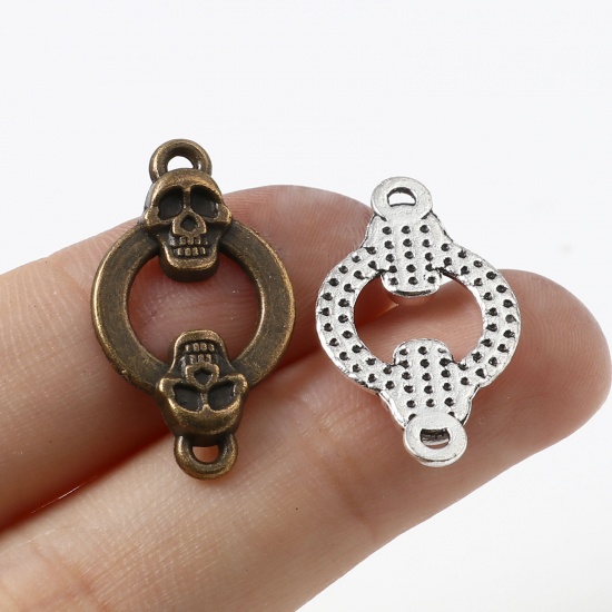 Picture of Zinc Based Alloy Halloween Connectors Circle Ring Antique Bronze Skeleton Skull 24mm x 14mm, 30 PCs