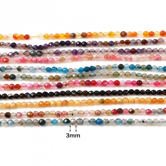 Bild von (Klasse B) Achat ( Gefärbt ) Perlen Rund Bunt Facettiert ca. 3mm D., Loch:ca. 0.7mm, 37cm lang, 1 Strang (ca. 115 Stück/Strang)