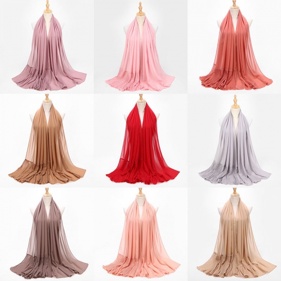 Immagine di Fuchsia - Chiffon Women's Hijab Scarf Pleated Imitation Pearls 72x185cm, 1 Piece