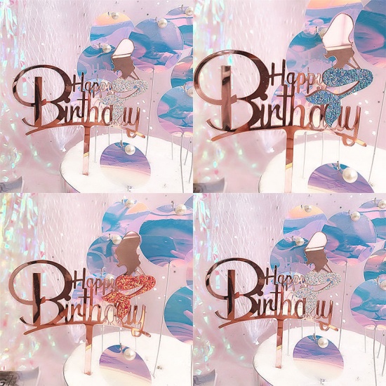 Picture of Pink - Acrylic Glitter Mermaid Happy Birthday Cake Picks Decorations Birthday Party 12x16cm, 1 Piece