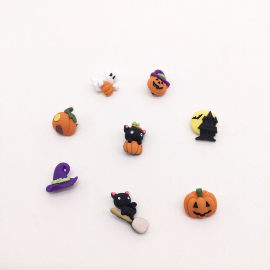 Picture of Plastic Halloween Pin Brooches Broom Cat Black & Khaki 20mm x 20mm, 1 Piece