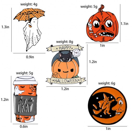 Picture of Pin Brooches Half Moon Halloween Witch Black & Orange Enamel 25mm Dia., 1 Piece