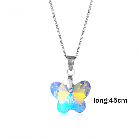 Picture of 304 Stainless Steel & Glass Necklace Silver Tone Multicolor 45cm(17 6/8") long, 1 Piece