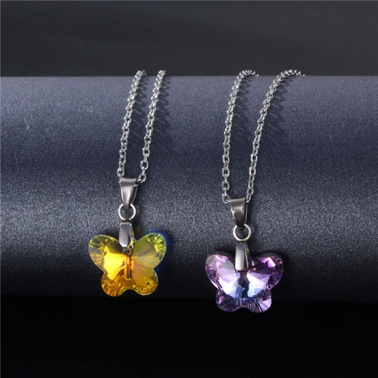 Picture of 304 Stainless Steel & Glass Necklace Silver Tone Multicolor 45cm(17 6/8") long, 1 Piece