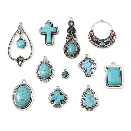 Zinc Based Alloy & Turquoise Charms Geometric Antique Silver Color Green Blue 5 PCs