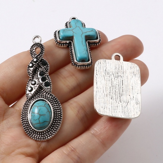 Picture of Zinc Based Alloy & Turquoise Charms Geometric Antique Silver Color Green Blue 5 PCs