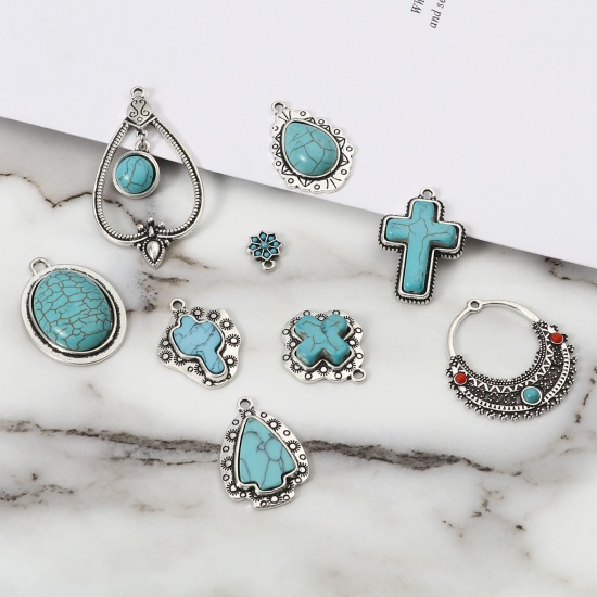 Picture of Zinc Based Alloy & Turquoise Charms Geometric Antique Silver Color Green Blue 5 PCs