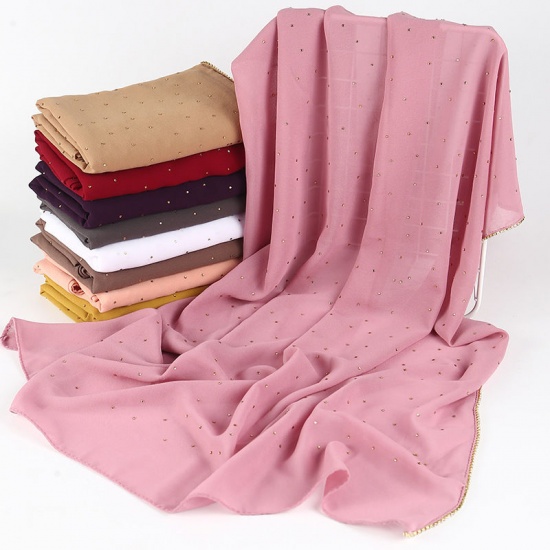 Immagine di Brown - 24# Chiffon Women's Hijab Scarf Solid Color With Hot Fix Rhinestone 70x180cm, 1 Piece