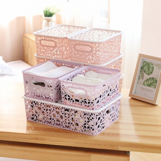 Immagine di Hollow Floral Pattern Large PP Storage Box Containers With Handle For Cosmetic Sundries