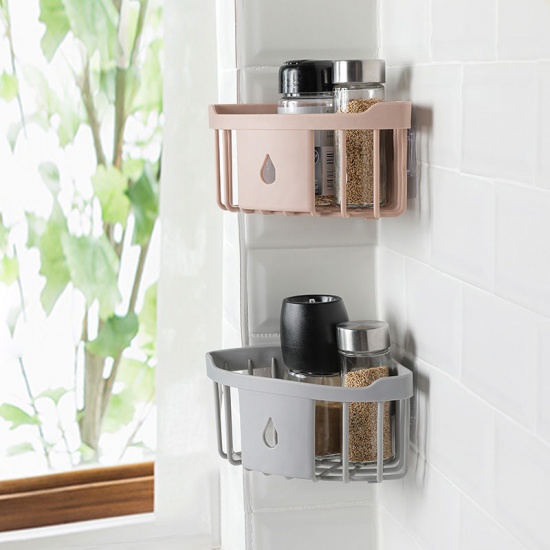 Изображение French Gray - ABS Wall-Mounted Self-adhesive Detachable Drainable Triangle Bathroom Corner Storage Rack 20x14x9cm, 1 Piece