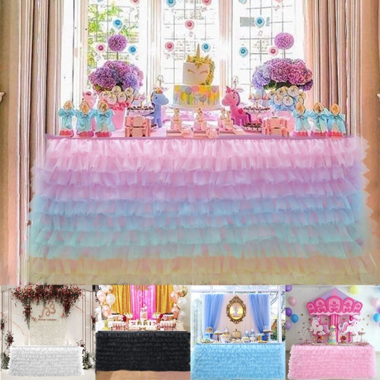 Immagine di Pink - Tulle Multi-Layer Table Skirt Halloween Birthday Wedding Party Supplies 275x77cm, 1 Piece