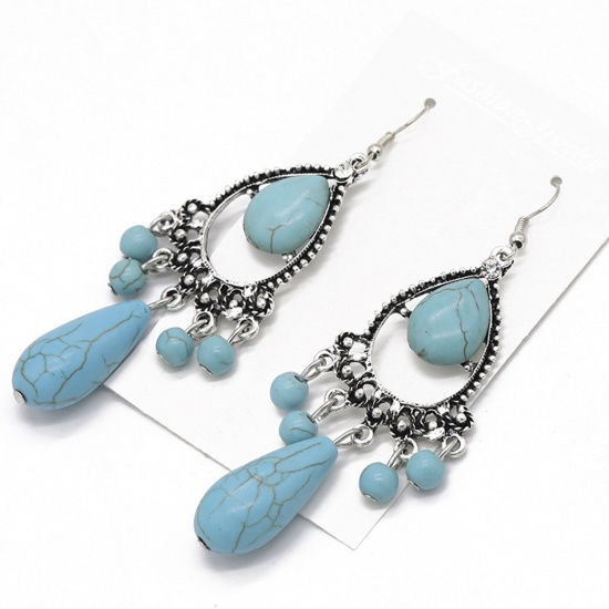 Picture of Boho Chic Bohemia Earrings Antique Silver Color Blue Irregular With Resin Cabochons 75mm x 28mm, 1 Pair