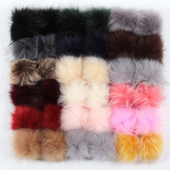 Picture of Artificial Fiber Verdeckter Knopf Pom Pom Balls With Snap Button Mixed Color Ball Faux Fox Fur 10cm Dia., 1 Packet ( 12PCs/Packet)