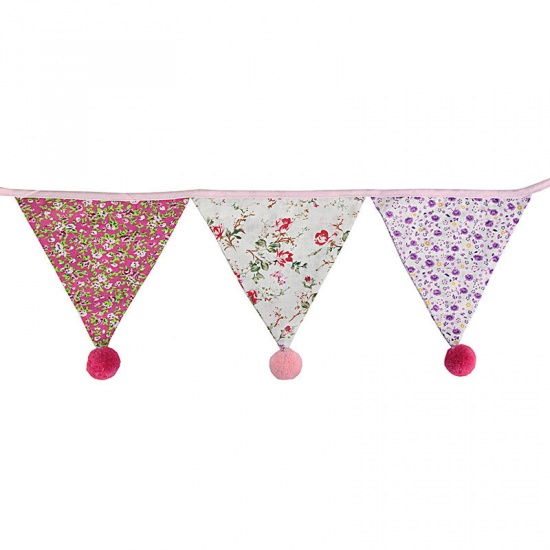 Immagine di Pink - Cotton Triangle Flag Pennant Pom Pom Ball Banner Home Party Decorations 320cm long, 1 Piece