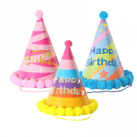 Bild von Pink - Pom Pom Ball Papiermütze Hut Geburtstag Requisiten Partydekoration 19x12,5cm, 1 Stück