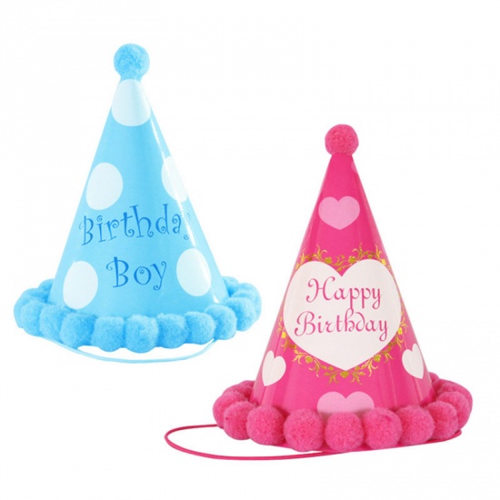 Изображение Pink - Pom Pom Ball Paper Cap Hat Birthday Props Party Decorations 19x12.5cm, 1 Piece