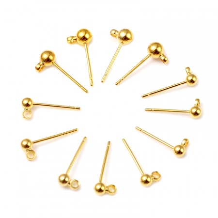 Brass Ear Post Stud Earrings 18K Real Gold Plated Ball W/ Loop Post/ Wire Size: (21 gauge), 10 PCs