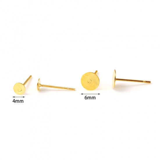Picture of Brass Ear Post Stud Earrings 18K Real Gold Plated Round Glue On Post/ Wire Size: (21 gauge), 20 PCs                                                                                                                                                           