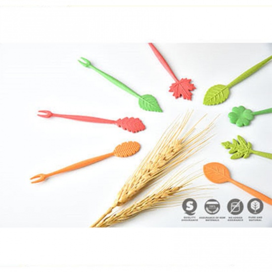 Picture of Beige - PP & Wheat Straw Bucket Leaves Stick Fruit Fork 12x7cm, 1 Set