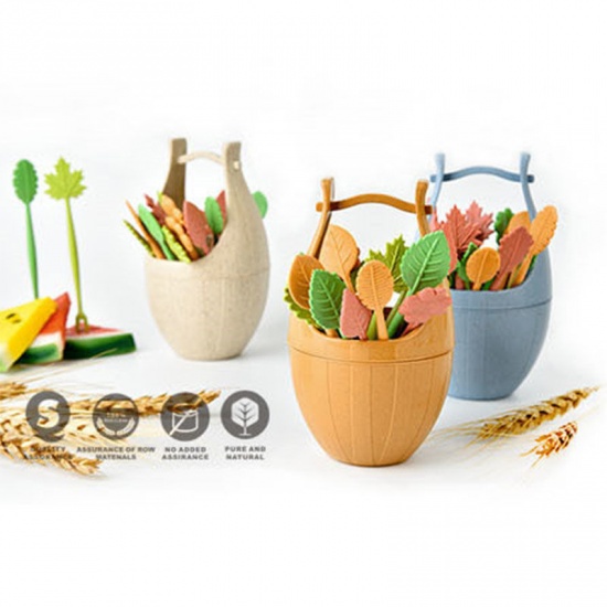 Immagine di Beige - PP & Wheat Straw Bucket Leaves Stick Fruit Fork 12x7cm, 1 Set