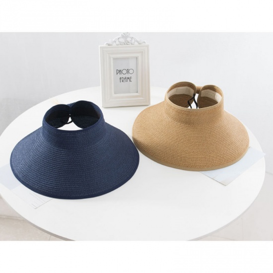 Изображение Lake Blue - Women Summer Empty Top Adjustable Visors Hat Foldable Sun Hat Wide Large Brim Beach Straw Hat UV Protection Cap M（56-58cm）, 1 Piece