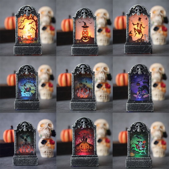 Picture of Gray - 11# LED Light Plastic Tombstone Halloween Ornaments Decorations Party Props 11.5x6.5x3.5cm, 1 Piece